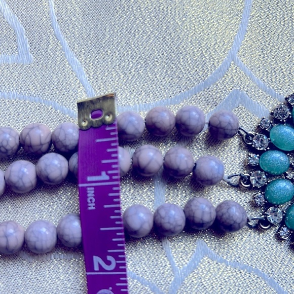 Gray Beaded Turquoise Rhinestones Gold Necklace 19” Center Pendant 2.5” - Picture 9 of 10